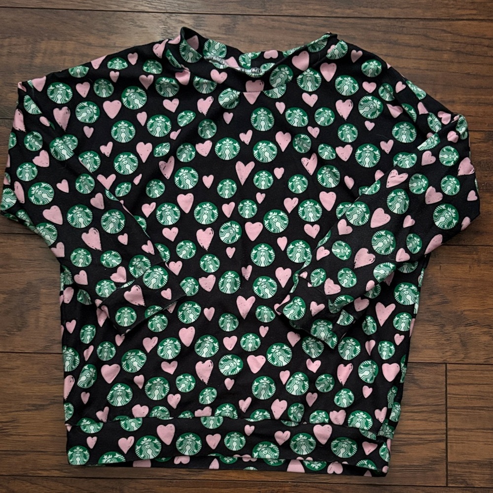 Girls Starbucks Love Heart Patterned Black Shirt top sz 6/7